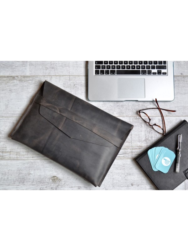 Crazy Horse Laptop Kılıfı / Deri Laptop Çantası / MacBook Air Kılıfı / Füme Gri