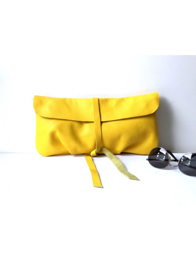 Sarı Deri El Çantası Clutch / Yumuşak Deri Sarı Çanta
