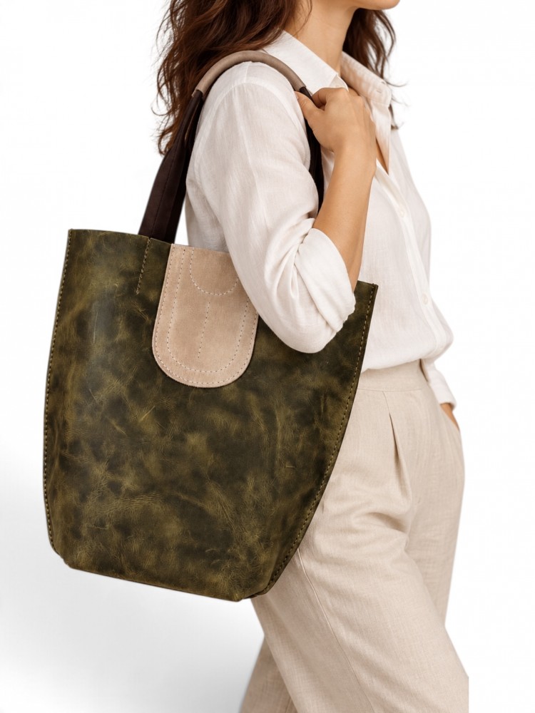 Haki Yeşil Crazy Deri Minimalist Tasarım Omuz Çantası / Tote Bag