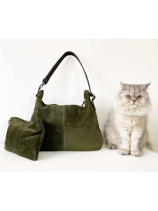 Zeytin Yeşili (Haki) Süet Fermuarlı Büyük Çanta / İkisi Bir Arada Hobo & Clutch 