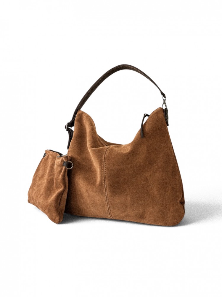 Taba Süet Fermuarlı Hobo Çanta / İkisi Bir Arada Hobo & Clutch / Tarçın