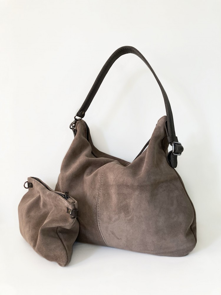 Vizon Süet Fermuarlı Büyük Çanta / İkisi Bir Arada Hobo & Clutch 