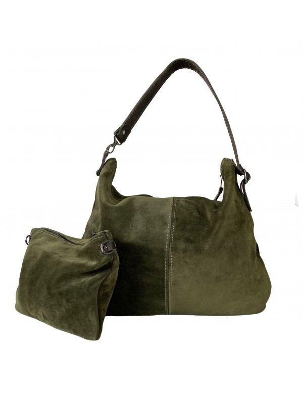 Nefti Yeşil (Haki) Süet Fermuarlı Hobo Çanta / İkisi Bir Arada Hobo & Clutch 