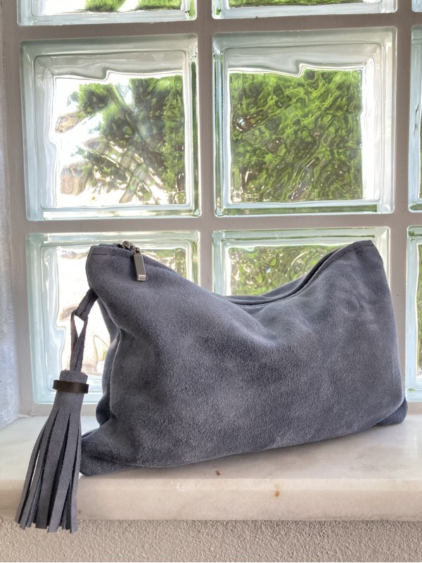 Fermuarlı Süet El Çantası / Püsküllü Süet Clutch/ Fırtına Gri