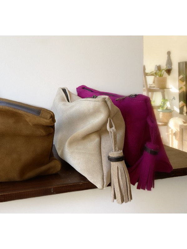 Fermuarlı Süet El Çantası / Püsküllü Süet Clutch/ Kemik(Bej)