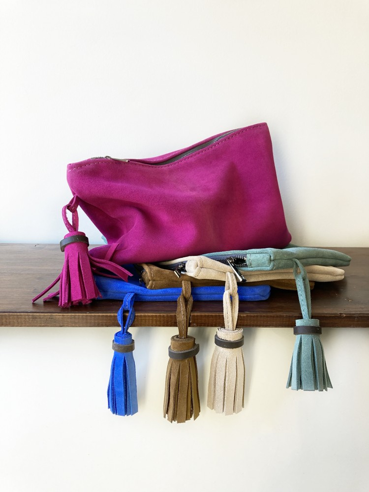 Fermuarlı Süet El Çantası / Püsküllü Süet Clutch/ Fuşya