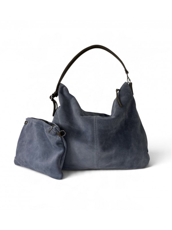 Fırtına Grisi Süet Fermuarlı Hobo Çanta / İkisi Bir Arada Hobo & Clutch / Mavi-Gri
