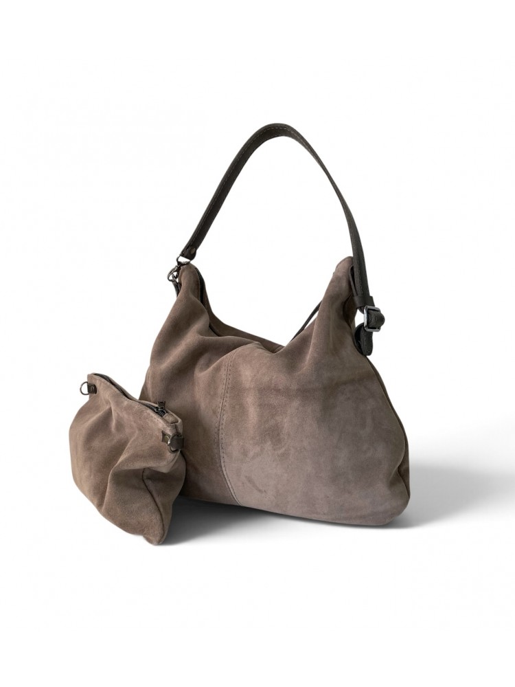 Vizon Süet Fermuarlı Hobo Çanta / İkisi Bir Arada Hobo & Clutch / Taupe