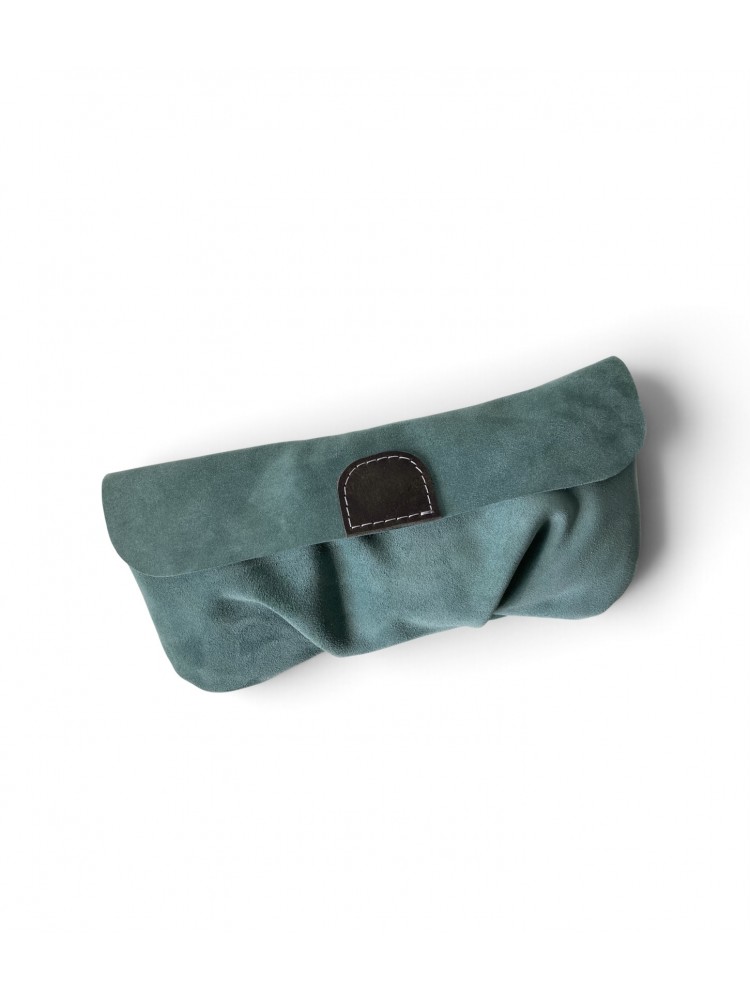 Göl Rengi Hakiki Süet El Çantası, Yağ Yeşili Renk Yumuşak Süetten Fermuarlı ve Kapaklı Clutch / Açık Petrol